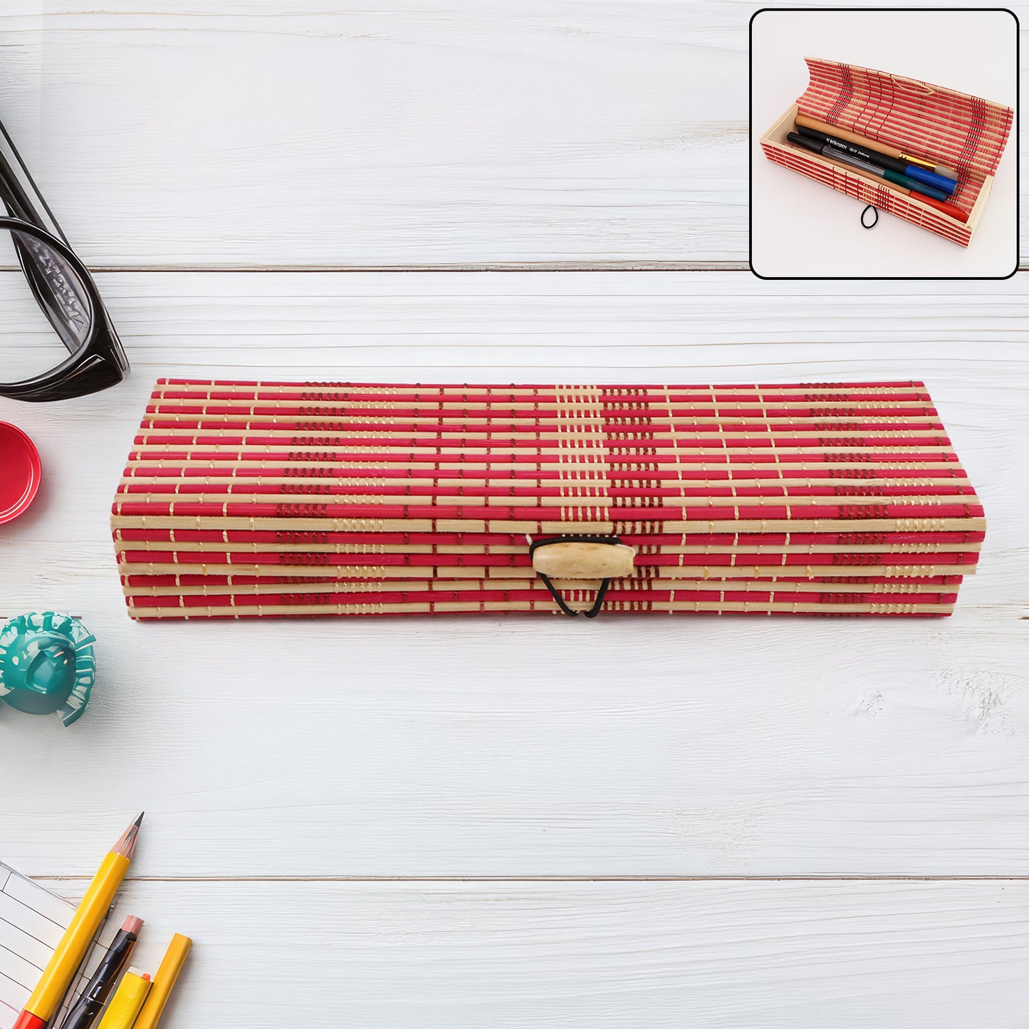 Multi-purpose Handcrafted Bamboo Mat Style Pen Pencil Makeup Box (1 Pc)